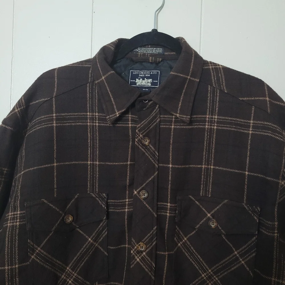 Levi Strauss &Co Mens Flannel Shirt Jacket Brown Plaid Quilt Lining Size M